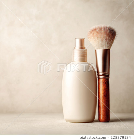 Cosmetic Bottle and Makeup Brush on Soft Toned Background Skincare and Beauty Concept Cosmetic Bottle and Makeup Brush on Soft Toned Background Skincare and Beauty Concept 128279124