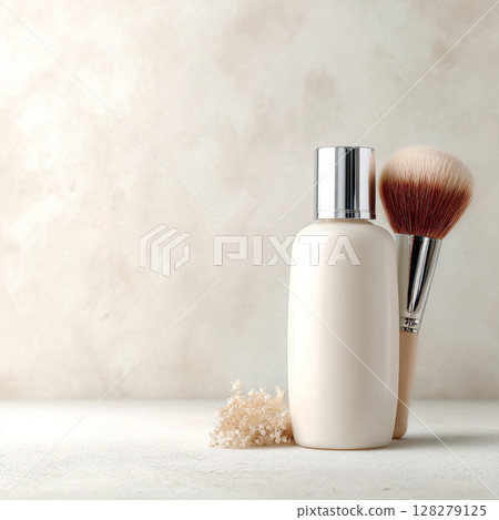 Cosmetic Bottle and Makeup Brush on Soft Toned Background  Skincare and Beauty Concept 128279125