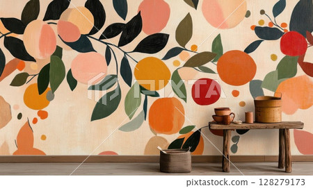 Abstract Fruit Painting with rustic table and wares in still life theme. 128279173