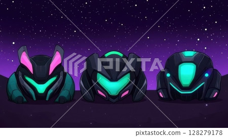 Three Cute Space Helmets with Stars and Purple Background, Cartoonish 128279178
