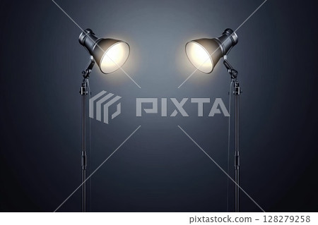 Two stage lights illuminate, showing focus and spotlight, offering studio backdrop 128279258