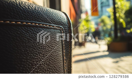 Black Leather bag close up on A Sunny City Street, Texture Theme Black Leather bag close up on A Sunny City Street, Texture Theme 128279386