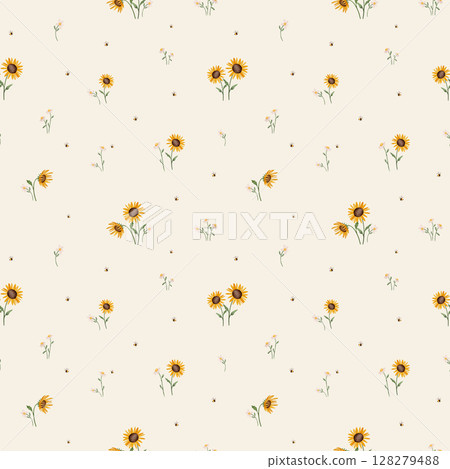 Seamless watercolor pattern with daisies, sunflowers, and bees. Hand-drawn floral and insect illustrations, perfect for children's textiles, nursery decor, and playful designs. Bright and cheerful. 128279488