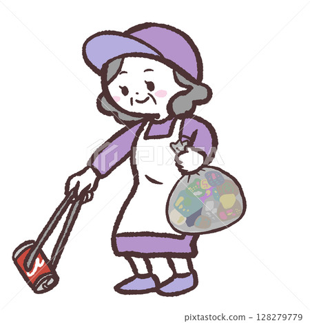 Illustration of a senior woman picking up trash Illustration of a senior woman picking up trash 128279779
