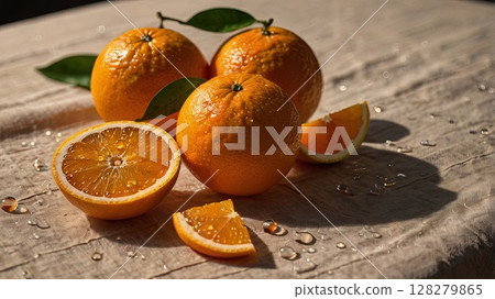 Close-Up of Fresh Oranges with Slice and Water Droplets. Vitamin C, Citrus Freshness and Summer Juice Inspiration. Concept citrus juice ads, health food, freshness, and natural lifestyle themes. 128279865