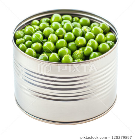 Open tin can filled with green peas transparent PNG clipart isolated on white background. 128279897