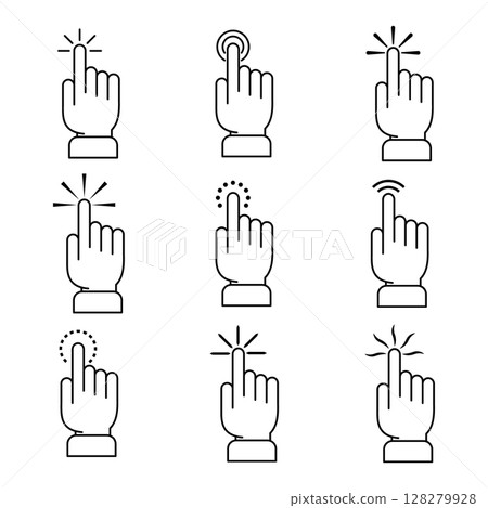 Set of Hand Cursor Click Icons. Touch and Tap Gestures Collection Vector Illustration. Different touch and tap gestures commonly used in digital interfaces. Set of Hand Cursor Click Icons. Touch and Tap Gestures Collection Vector Illustration. Different touch and tap gestures commonly used in digital interfaces. 128279928