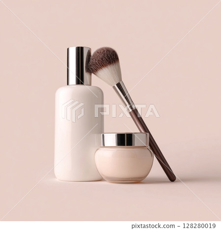 Cosmetic Bottle and Makeup Brush on Soft Toned Background  Skincare and Beauty Concept 128280019