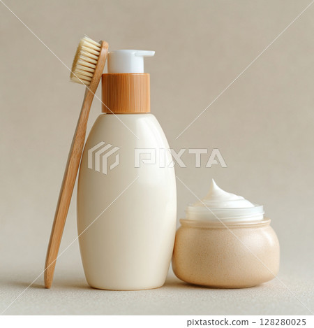 Cosmetic Bottle and Makeup Brush on Soft Toned Background  Skincare and Beauty Concept 128280025