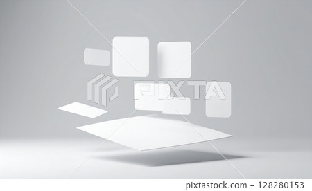 Abstract digital composition featu floating white geometric shapes including squares rectangles and polygons on a light gray background Abstract digital composition featu floating white geometric shapes including squares rectangles and polygons on a light gray background 128280153