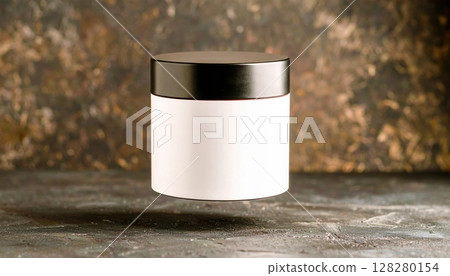 Minimalist white cosmetic or skincare jar with black lid on rustic textured wooden surface in natural warm lighting, product photography, clean design 128280154