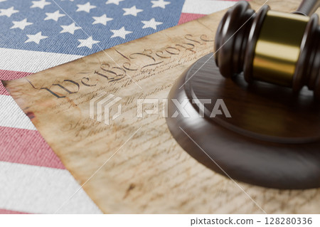 United States Constitution, Gavel and American Flag Resting on Table. United States Constitution, Gavel and American Flag Resting on Table. 128280336