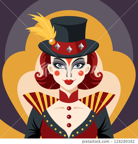 Stylish circus performer in a top hat with a feather. Clown girl. Portrait in circus style. Illustration. 128280382