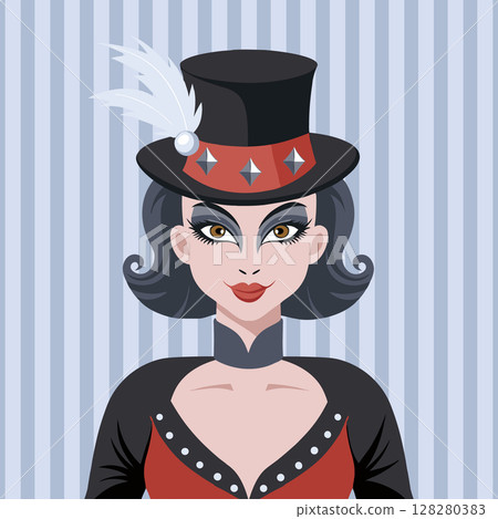 Stylish circus performer in a top hat with a feather. Clown girl. Portrait in circus style. Illustration. 128280383