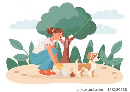 Woman cleaning up after his dog in the park. Clean up after your dog concept. Dog owner cleaning up dog waste. Illustration. 128280388
