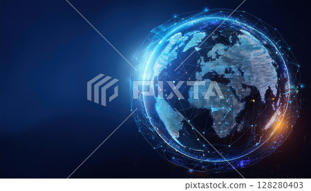 glowing digital globe showcasing interconnected AI nodes and networks, symbolizing global collaboration and technology 128280403