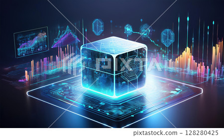 futuristic holographic cube showcasing collaborative AI with dynamic charts and data visualizations, representing innovation and technology 128280425