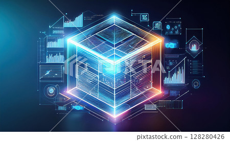 futuristic holographic cube symbolizes collaborative AI with dynamic charts and data visualizations, showcasing advanced technology and innovation 128280426