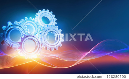 symbolic image of collaborative AI gears glowing with vibrant light, connected by dynamic energy symbolic image of collaborative AI gears glowing with vibrant light, connected by dynamic energy 128280500