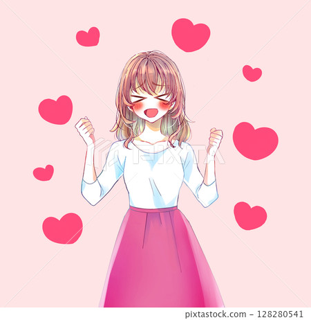 Excited woman clenching her fists with both hands, heart 128280541