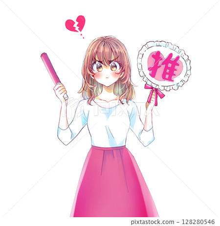 女人拿著風扇和螢光棒，憤怒、紅色、破碎的心 128280546