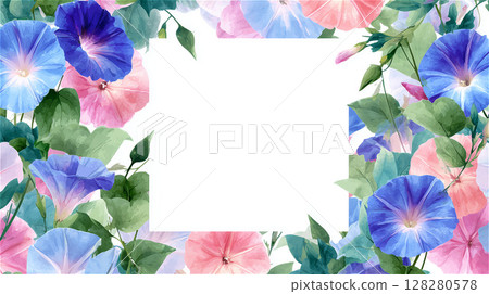 華麗的夏日水彩畫框，帶有藍色和粉紅色的牽牛花 128280578