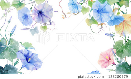 夏季日式框架設計，被水彩牽牛花輕輕環繞 128280579