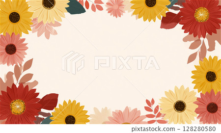 手繪向日葵和秋花環繞的溫暖設計。 128280580