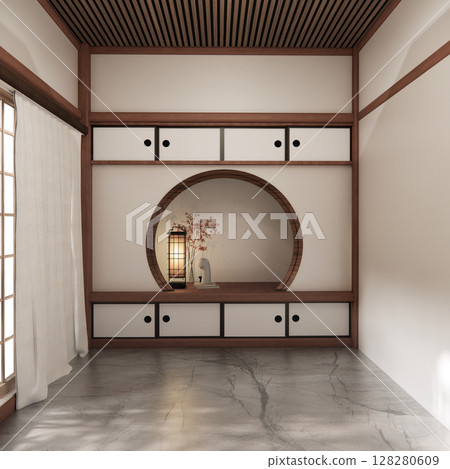 Circle shelf wall and decoration lamp on empty room japanese traditional.3D rendering 128280609