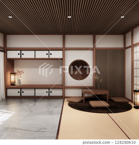 Chabudai japan traditional low table and decoration on minimal Japandi room japan style.3D rendering 128280610