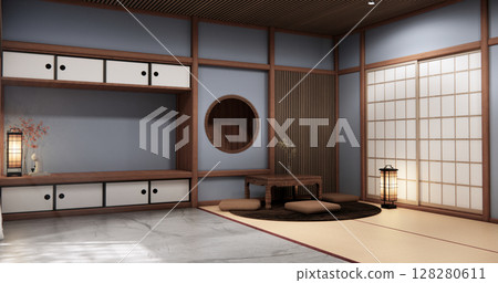 Circle shelf wall and decoration lamp on empty room japanese traditional.3D rendering 128280611