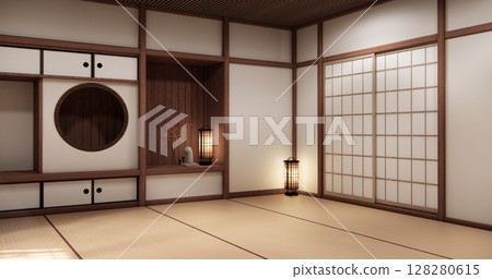 Circle shelf wall and decoration lamp on empty room japanese traditional.3D rendering 128280615