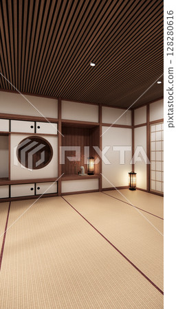 Circle shelf wall and decoration lamp on empty room japanese traditional.3D rendering 128280616
