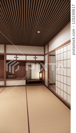 Tokonoma wall design Living room interior cleaning room Japanese traditional style. 3D rendering Tokonoma wall design Living room interior cleaning room Japanese traditional style. 3D rendering 128280617