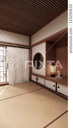 Circle shelf wall and decoration lamp on empty room japanese traditional.3D rendering 128280618