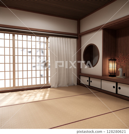 Circle shelf wall and decoration lamp on empty room japanese traditional.3D rendering Circle shelf wall and decoration lamp on empty room japanese traditional.3D rendering 128280621