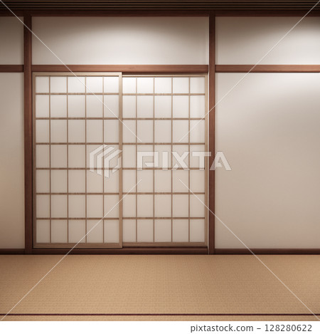 Tokonoma wall design Living room interior cleaning room Japanese traditional style. 3D rendering 128280622