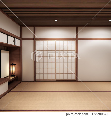 Circle shelf wall and decoration lamp on empty room japanese traditional.3D rendering 128280623