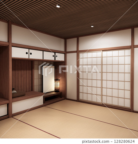 Circle shelf wall and decoration lamp on empty room japanese traditional.3D rendering 128280624