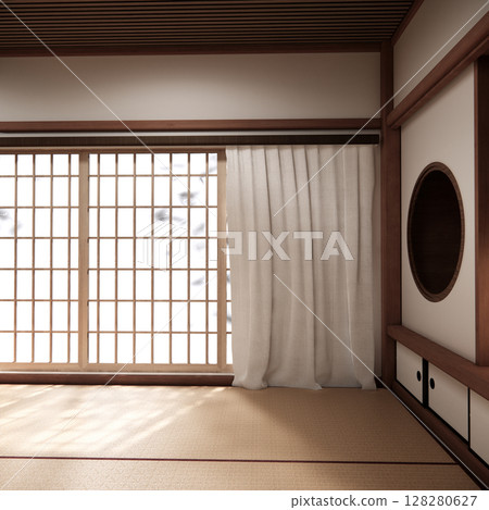 Tokonoma wall design Living room interior cleaning room Japanese traditional style. 3D rendering 128280627
