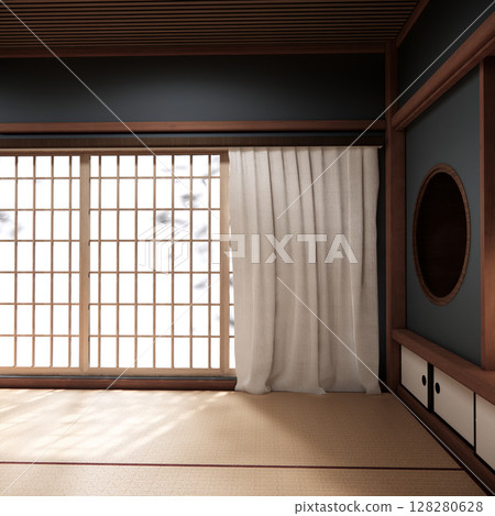 Tokonoma wall design Living room interior cleaning room Japanese traditional style. 3D rendering 128280628