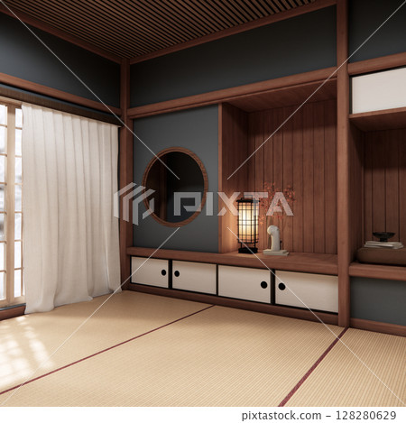 Tokonoma wall design Living room interior cleaning room Japanese traditional style. 3D rendering 128280629