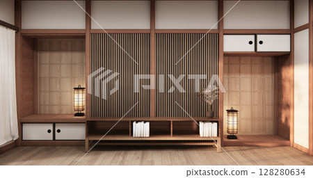 Tokonoma wall design Living room interior cleaning room Japanese traditional style. 3D rendering Tokonoma wall design Living room interior cleaning room Japanese traditional style. 3D rendering 128280634