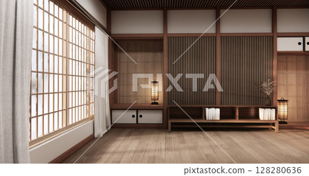 Mock up Cabinet design on earth tone wood room interior modern style .3D rendering 128280636