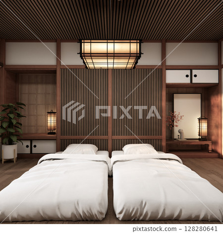 Bedroom Japanese traditional and mattress bed on floor and decoration japanese . 3D rendering Bedroom Japanese traditional and mattress bed on floor and decoration japanese . 3D rendering 128280641