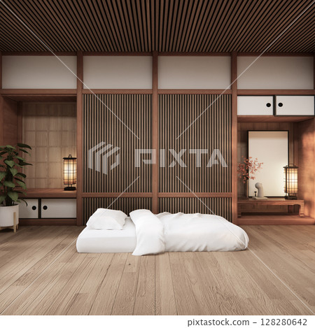 Bedroom Japanese traditional and mattress bed on floor and decoration japanese . 3D rendering Bedroom Japanese traditional and mattress bed on floor and decoration japanese . 3D rendering 128280642