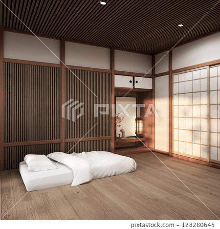 Bedroom Japanese traditional and mattress bed on floor and decoration japanese . 3D rendering 128280645