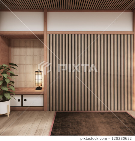 Tokonoma wall design Living room interior cleaning room Japanese traditional style. 3D rendering 128280652