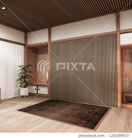 Tokonoma wall design Living room interior cleaning room Japanese traditional style. 3D rendering Tokonoma wall design Living room interior cleaning room Japanese traditional style. 3D rendering 128280653