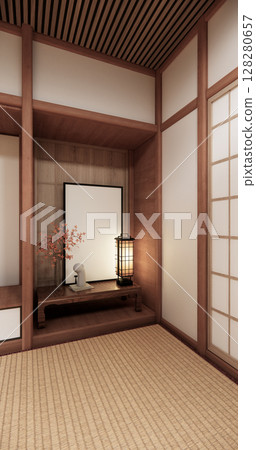 Tatami mat floor, room japanese traditional style. 3D rendering 128280657